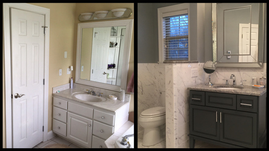 The marble tile and half wall use gray undertones to create a neutral backdrop so the vanity and accent pieces can pop