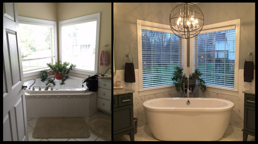 The garden tub (left) was the first thing to go, creating additional space and an airy, light feel with the addition of a free-standing tub in its place