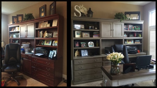 French Linen Chalk Paint by Annie Sloan with Clear and Dark Wax completely transformed this once cumbersome and dated executive desk. New greenery and accessories were pops of color to complete the fresh new look