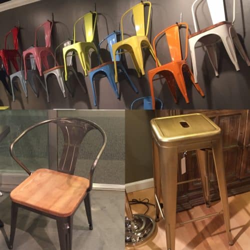 Metal chairs in bright, new colors were popping up all over the place. We loved the ones with wooden seats