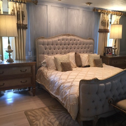 My mother had a vision in her head of a room with white floors and soft finishes and fabrics in grays and whites. Layering neutrals upon soft neutrals has completely transformed this master suite while staying true to her signature gold metallics