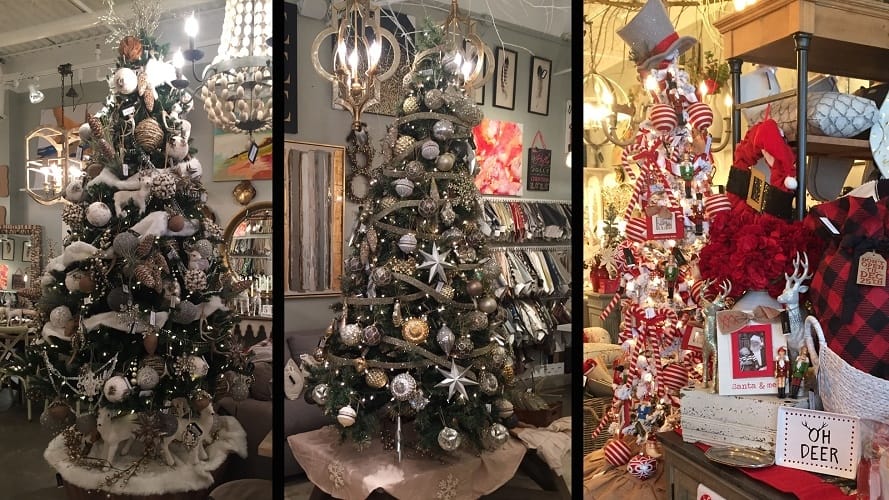 Our "Rustic Elegance" tree (from left) features burlap accents, birch bark ornaments, deer, pine cones, feathers, and layers of jeweled garland. The "Mix Your Metals" tree shows a criss-cross of romantic beaded garland. This "Candy Cane" smaller, flocked tree features candy-striped garland wraps and a top hat